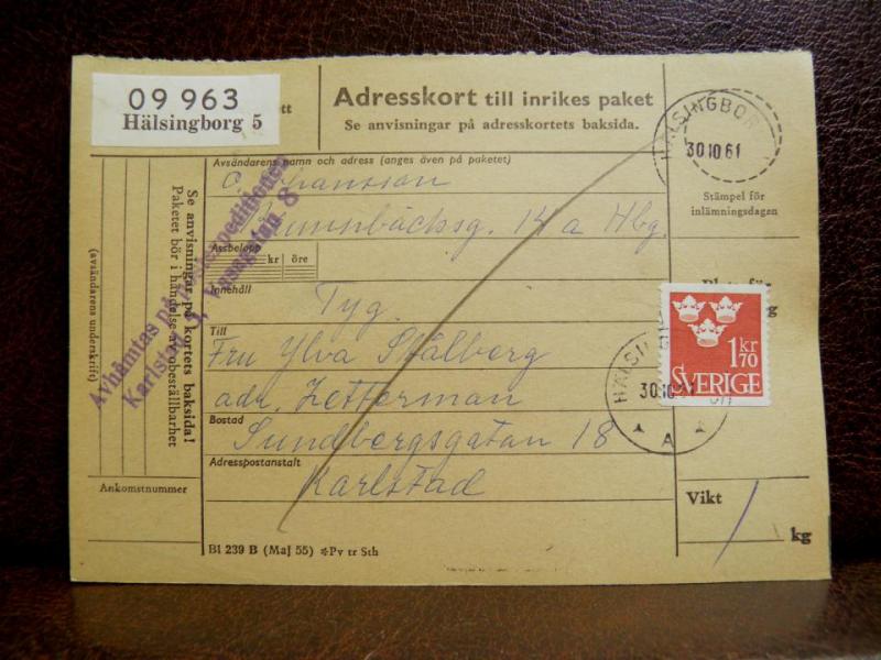 Frimärken  på adresskort - stämplat 1961  Hälsingborg 5 - Karlstad 