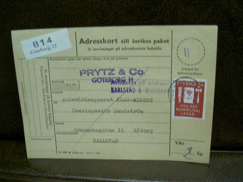 Paketavi med stämplade frimärken - 1962 - Göteborg 22 till karlstad