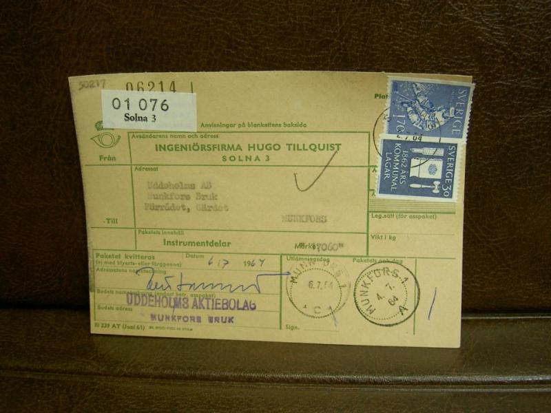 Paketavi med stämplade frimärken - 1964 - Solna 3 till Munkfors