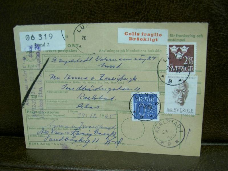 Bräckligt + Paketavi med stämplade frimärken - 1965 - Lund 2 till Karlstad