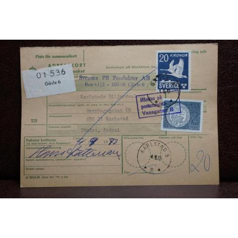 Poststämplat  adresskort med bl.a ett 20 kronors frimärken 1972 - Gävle 6  - Karlstad