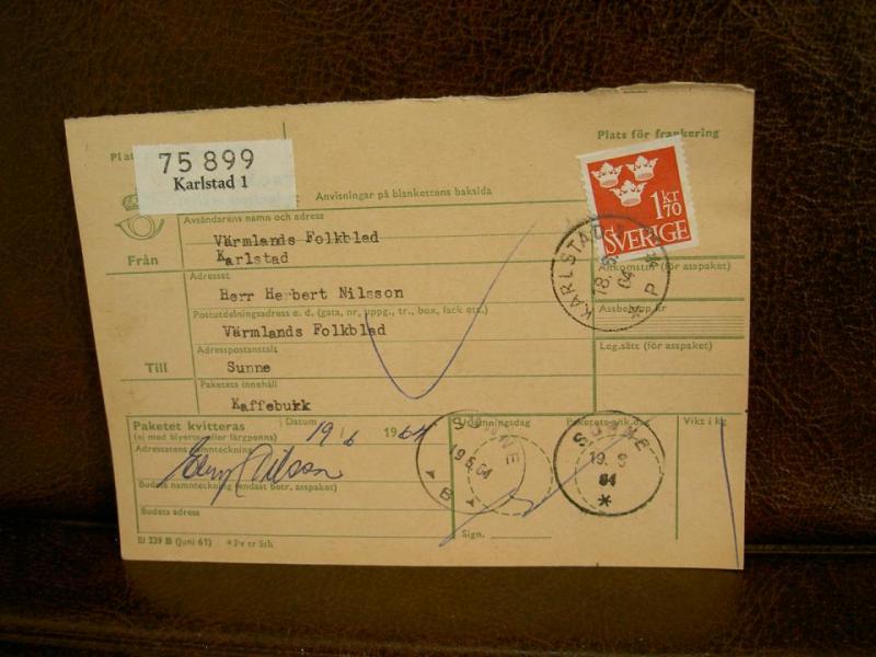 Paketavi med stämplade frimärken - 1964 - Karlstad 1 till Sunne