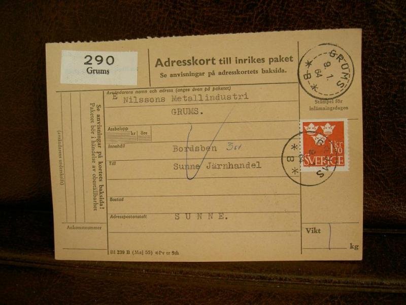 Paketavi med stämplade frimärken - 1964 - Grums till Sunne