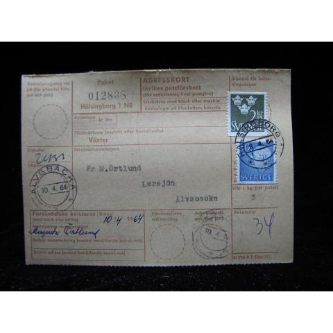 Adresskort med stämplade frimärken - 1964 - Hälsingborg till Älvsbacka