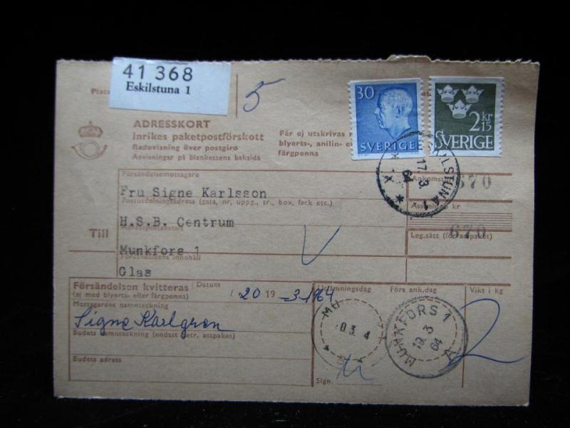 Adresskort med stämplade frimärken - 1964 - Eskilstuna till Munkfors