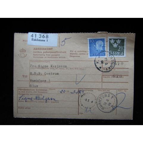 Adresskort med stämplade frimärken - 1964 - Eskilstuna till Munkfors