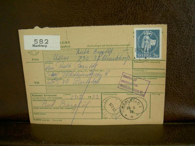 Paketavi med stämplade frimärken - 1973 - Munktorp till Karlstad