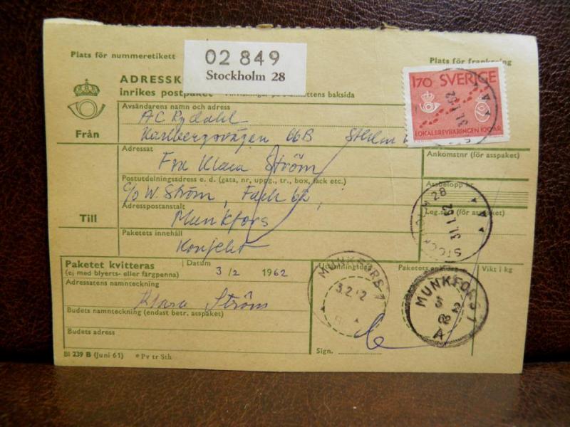 Frimärken på adresskort - stämplat 1962 - Stockholm 28 - Munkfors 