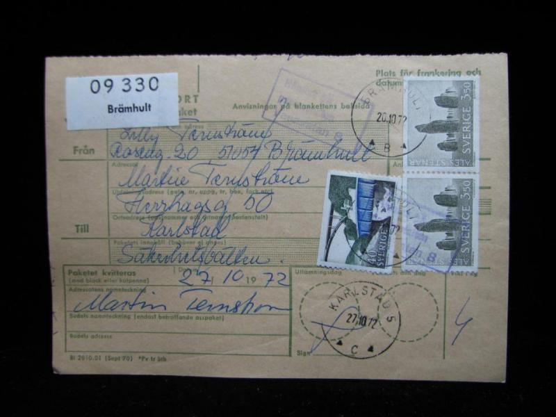 Adresskort med stämplade frimärken - 1972 - Brämhult till Karlstad