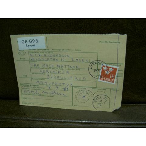 Paketavi med stämplade frimärken - 1964 - Lysekil till Övre Ullerud