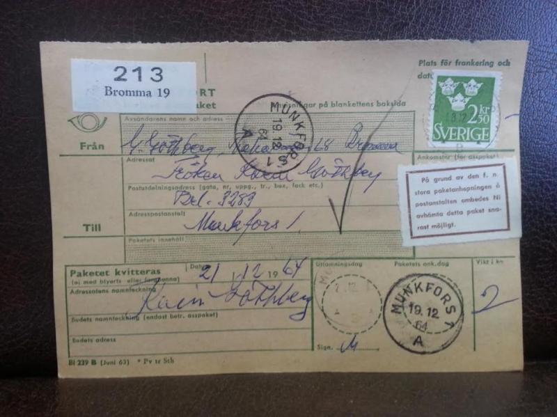 Frimärken på adresskort - stämplat 1964 - Bromma 19 - Munkfors 1
