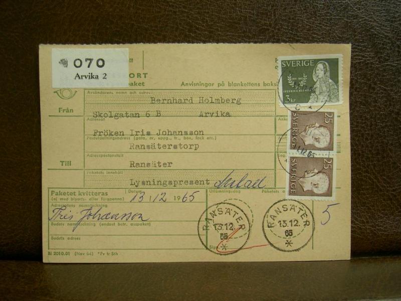 Frimärken  på adresskort - stämplat 1965 - Arvika 2 - Ransäter 