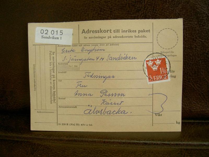 Paketavi med stämplade frimärken - 1961 - Sandviken 1 till Älvsbacka