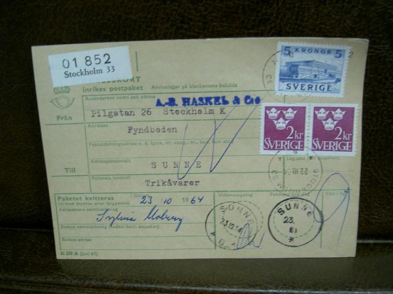 Paketavi med stämplade frimärken - 1964 - Stockholm 33 till Sunne