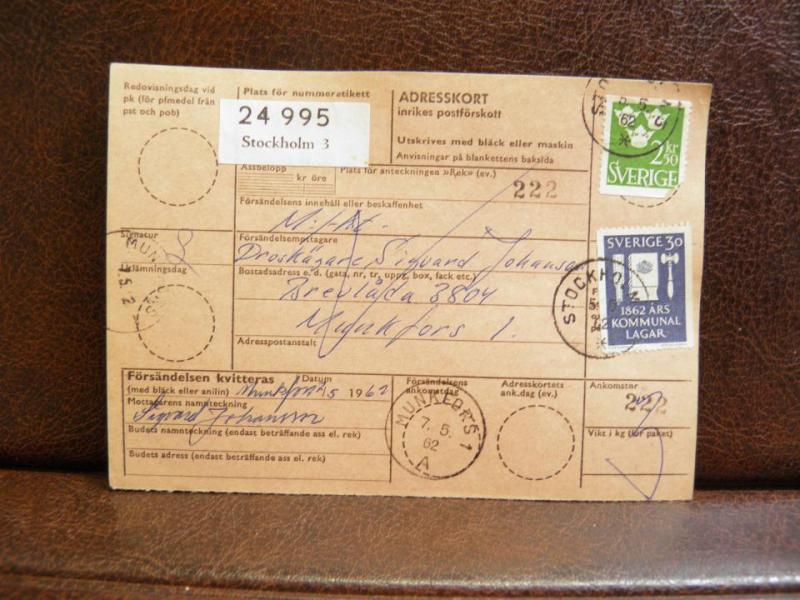 Frimärken på adresskort - stämplat 1962 - Stockholm 3 - Munkfors 1