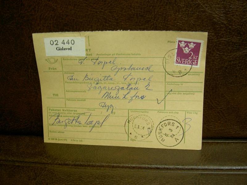 Paketavi med stämplade frimärken - 1964 - Gislaved till Munkfors