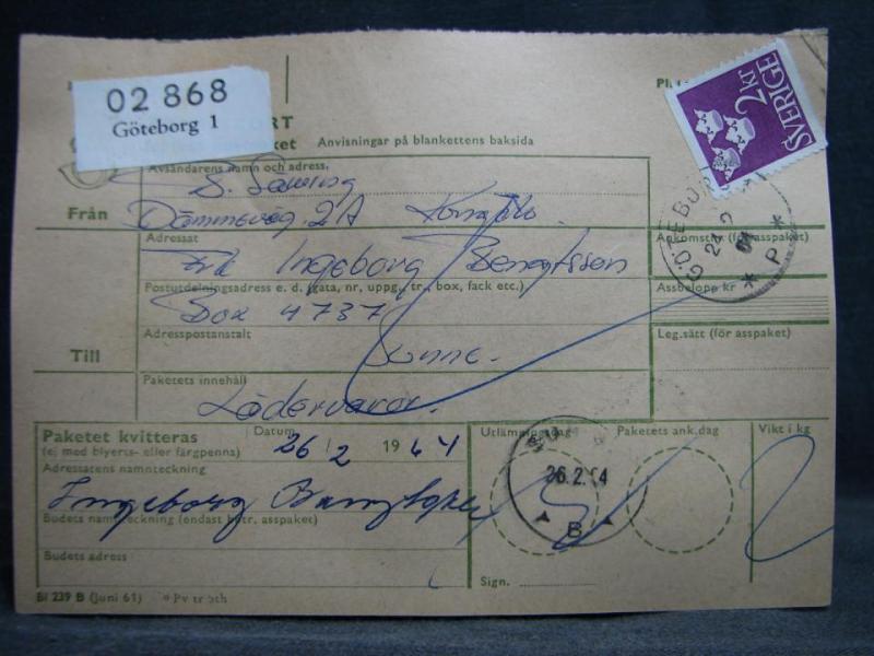 Adresskort med stämplade frimärken - 1964 - Göteborg till Sunne