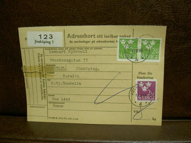 Paketavi med stämplade frimärken - 1964 - Jönköping 5 till Sunne