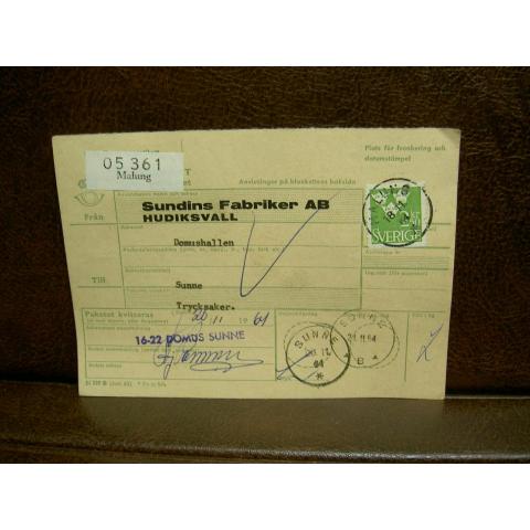 Paketavi med stämplade frimärken - 1964 - Malung till Sunne