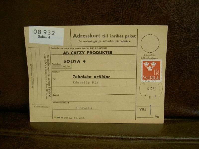 Paketavi med stämplade frimärken - 1961 - Solna 4 till Edsvalla