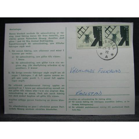 Adressndringskort med stämplade frimärken - 1972 - Skoghall