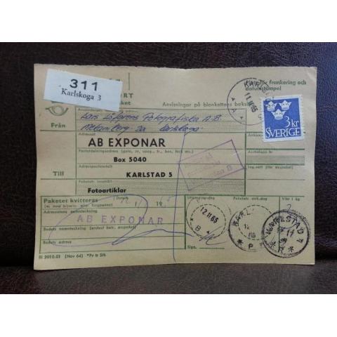 Frimärken på adresskort - stämplat 1965 - Karlskoga 3 - Karlstad 5