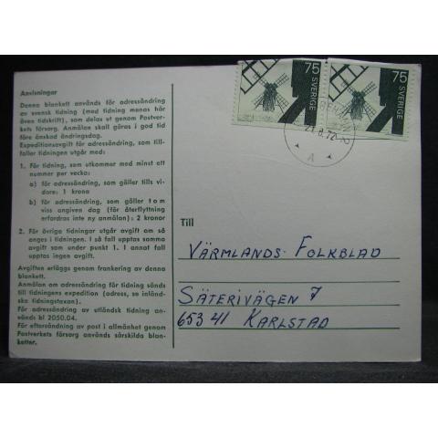 Adressndringskort med stämplade frimärken - 1972 - Kristinehamn