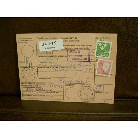 Paketavi med stämplade frimärken - 1962 - Vetlanda till Karlstad