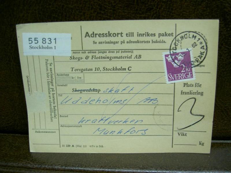 Paketavi med stämplade frimärken - 1962 - Stockholm 1 till Munkfors 1