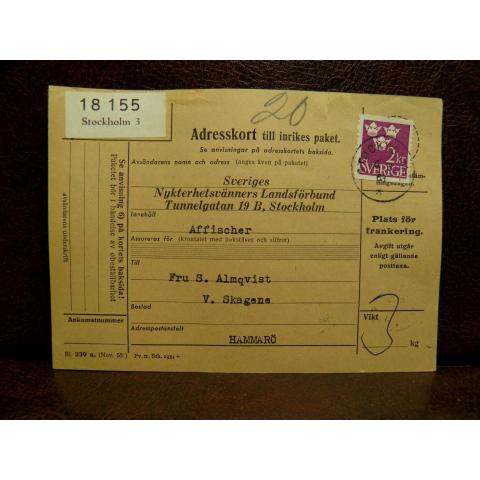 Frimärken på adresskort - stämplat 1963 - Stockholm 3 - Hammarö