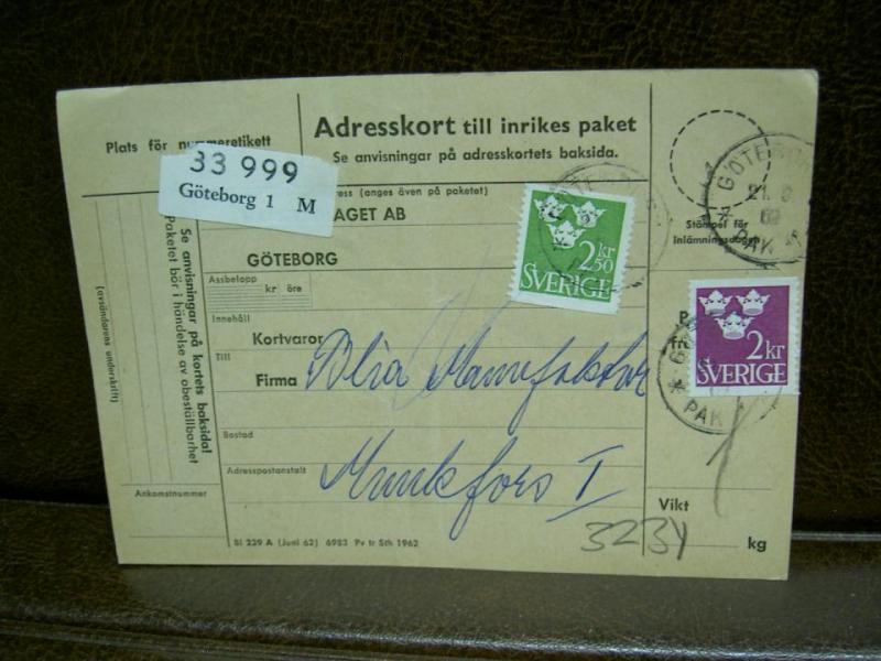 Paketavi med stämplade frimärken - 1962 - Göteborg 1 till Munkfors 1
