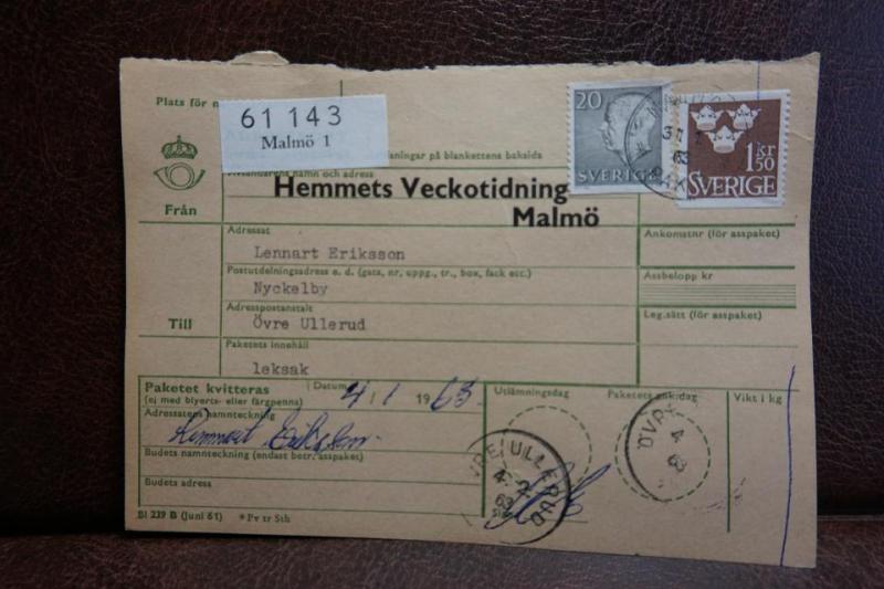 Frimärken på adresskort - stämplat 1963 - Malmö 1 - Övre Ullerud