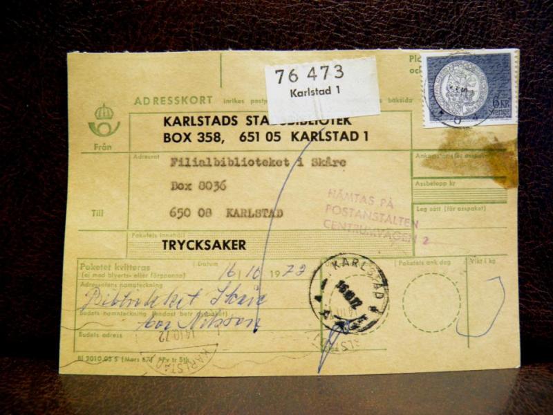 Frimärken på adresskort - stämplat 1972 - Karlstad 1 - Karlstad