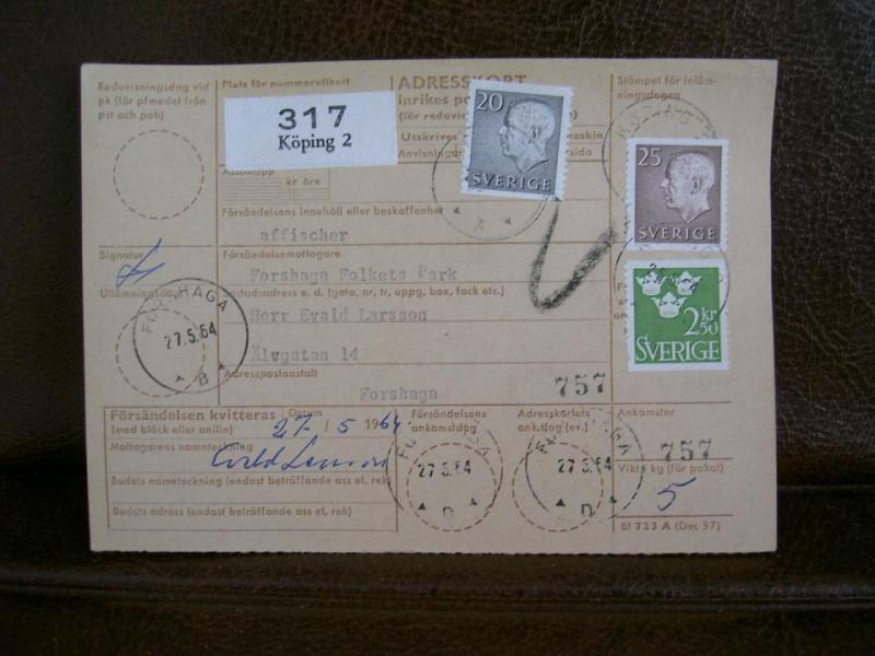 Paketavi med stämplade frimärken - 1964 - Köping 2 till Forshaga