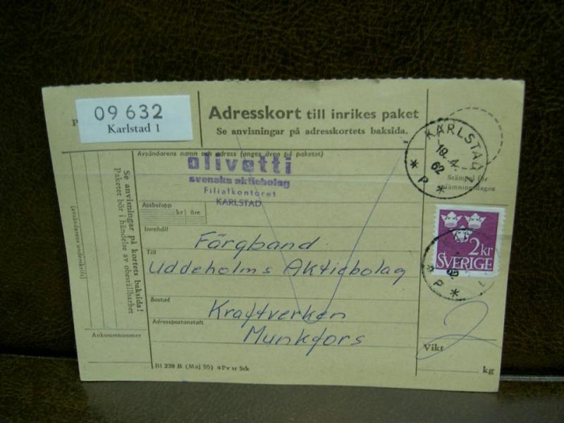 Paketavi med stämplade frimärken - 1962 - Karlstad 1 till Munkfors 