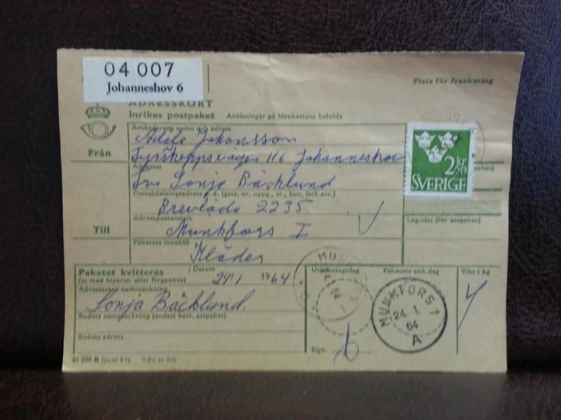 Frimärken  på adresskort - stämplat 1964 - Johanneshov 6 - Munkfors 1