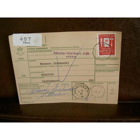 Paketavi med stämplade frimärken - 1962 - Hova till Munkfors