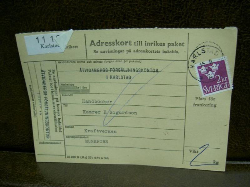 Paketavi med stämplade frimärken - 1962 - Karlstad 1 till Munkfors 1