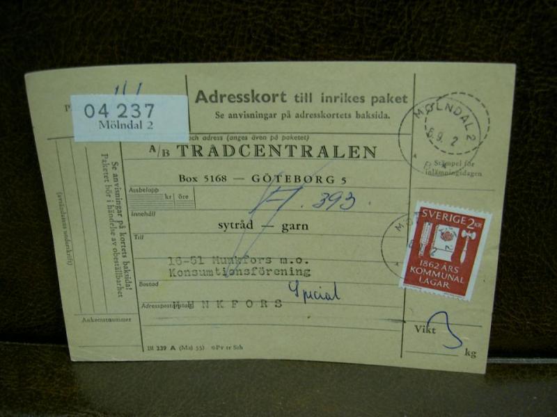 Paketavi med stämplade frimärken - 1962 - Mölndal 2 till Munkfors 1
