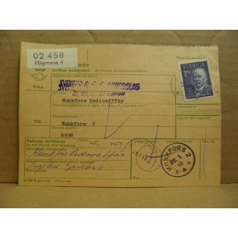 Frimärke  på adresskort - stämplat 1963 - Hägersten 4 - Munkfors 2
