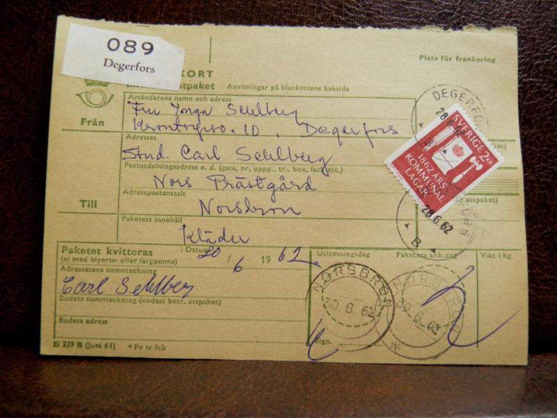 Frimärke på adresskort - stämplat 1962 - Degerfors - Norsbron