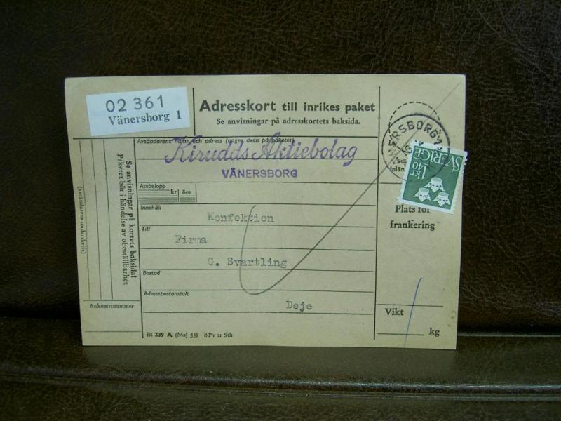 Paketavi med stämplade frimärken - 1961 - Vänersborg 1 till Deje