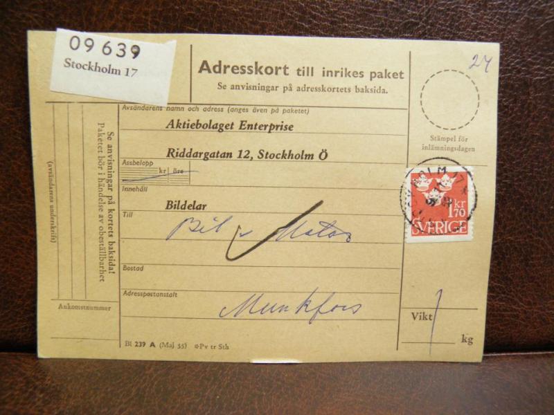 Frimärken på adresskort - stämplat 1962 - Stockholm 17 - Munkfors 