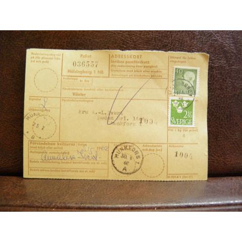 Frimärken på adresskort - stämplat 1962 - Hälsingborg 1 NB - Munkfors 1