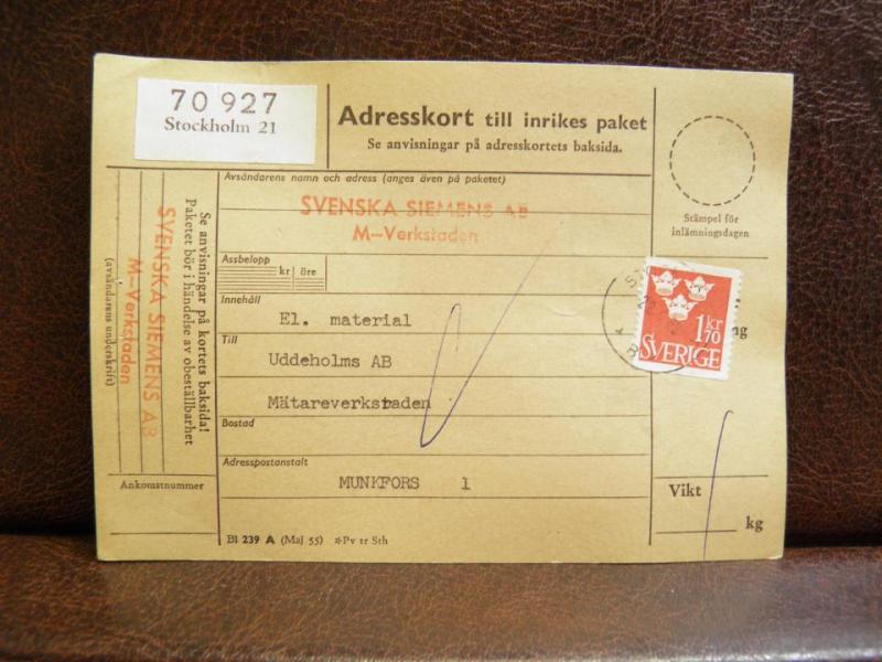 Frimärken på adresskort - stämplat 1962 - Stockholm 21 - Munkfors 1