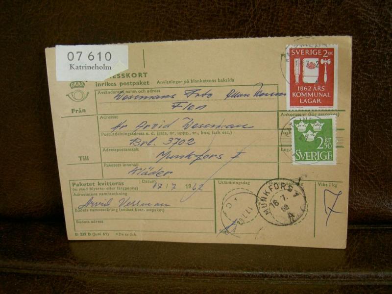 Paketavi med stämplade frimärken - 1962 - Katrineholm till Munkfors
