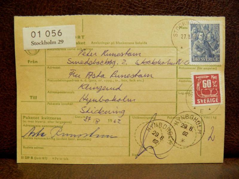 Frimärken på adresskort - stämplat 1962 - Stockholm 29 - Hynboholm