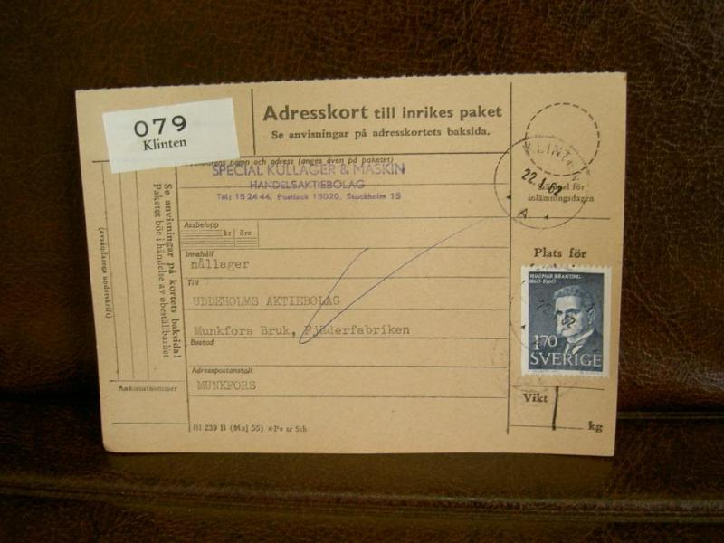 Paketavi med stämplade frimärken - 1962 - Klinten till Munkfors