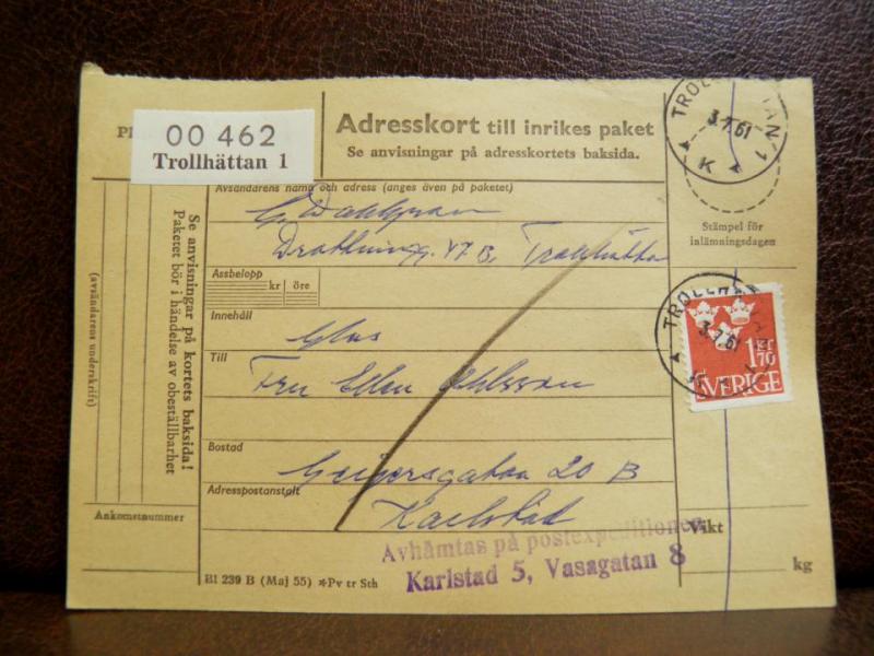 Frimärken på adresskort - stämplat 1961 - Trollhättan 1 - Karlstad