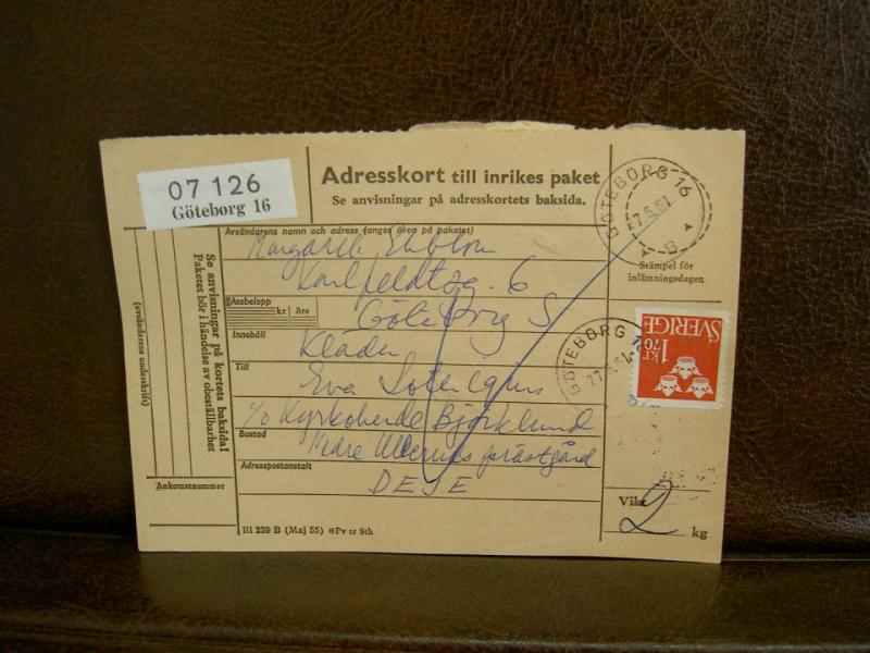 Paketavi med stämplade frimärken - 1961 - Göteborg 16 till Deje